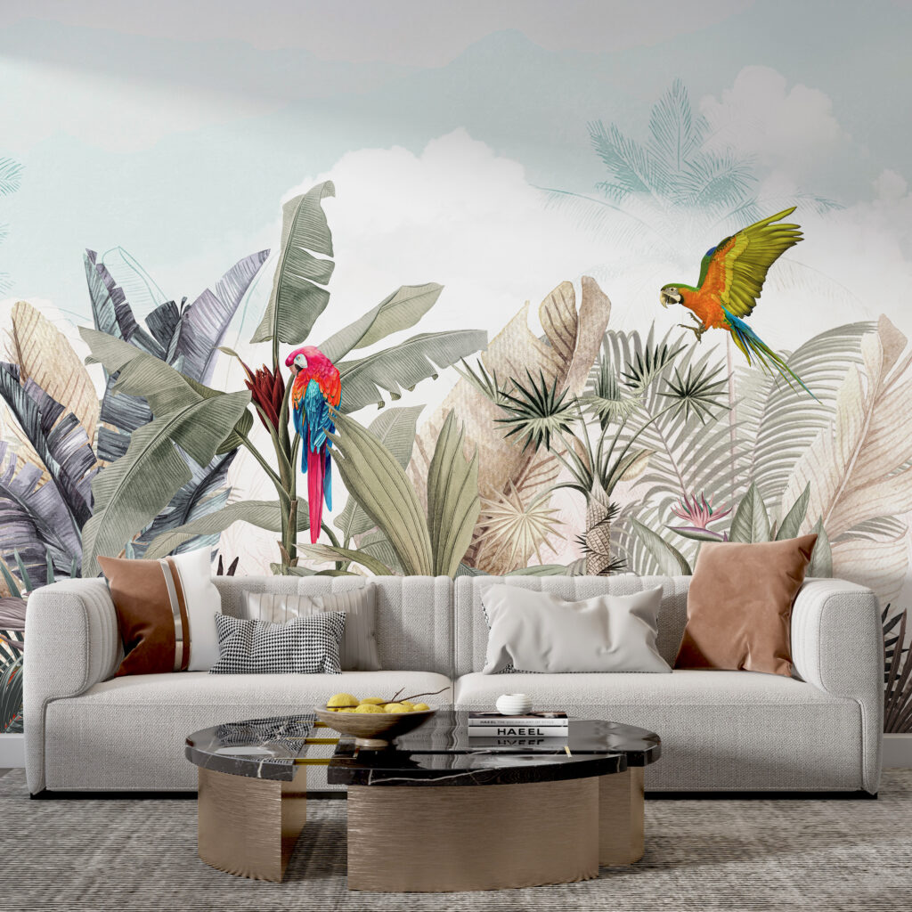Wallpaper with tropical plants and birds