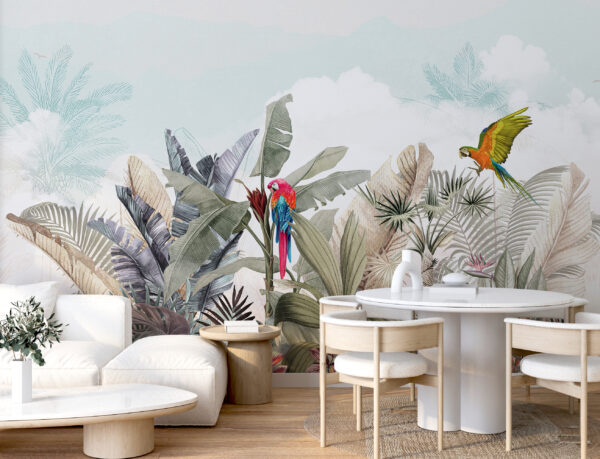 Wallpaper with tropical plants and birds Wallpaper with tropical plants and birds