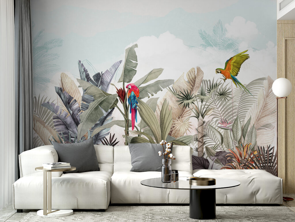 Wallpaper with tropical plants and birds