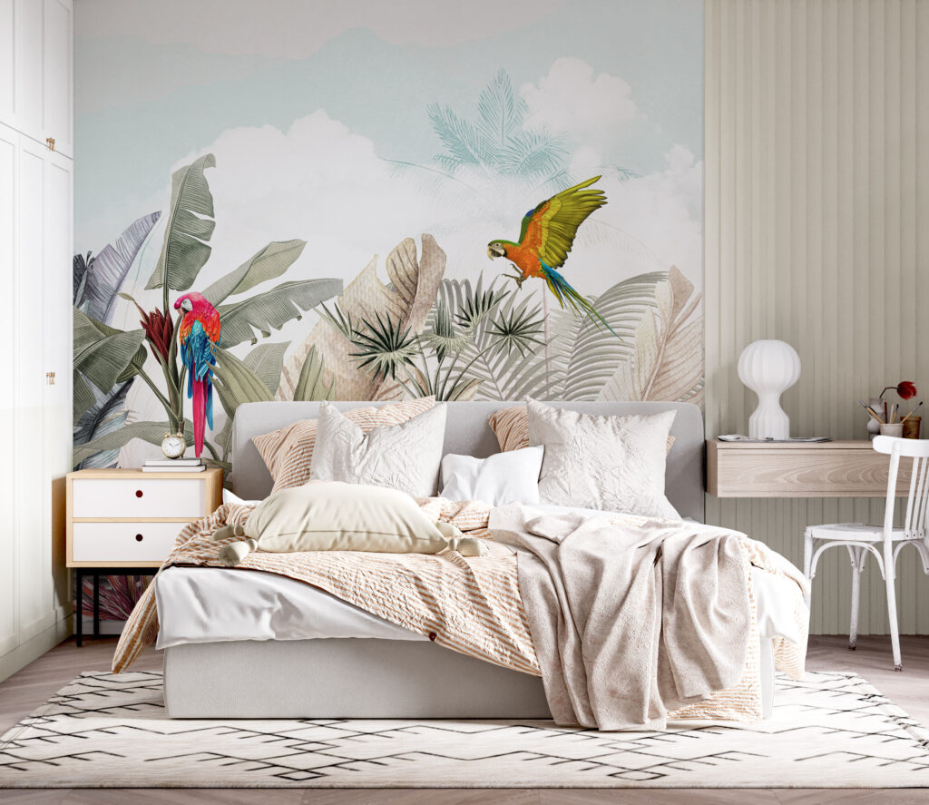 Wallpaper with tropical plants and birds