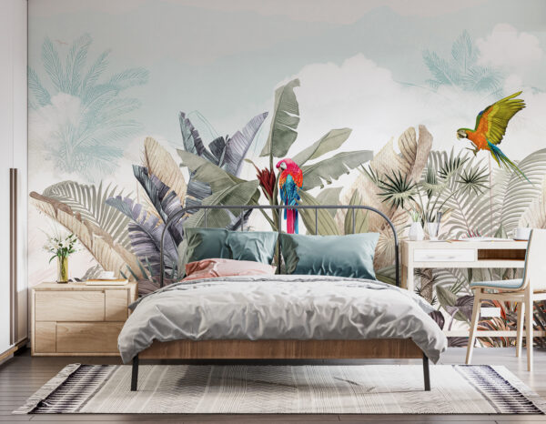 Wallpaper with tropical plants and birds Wallpaper with tropical plants and birds