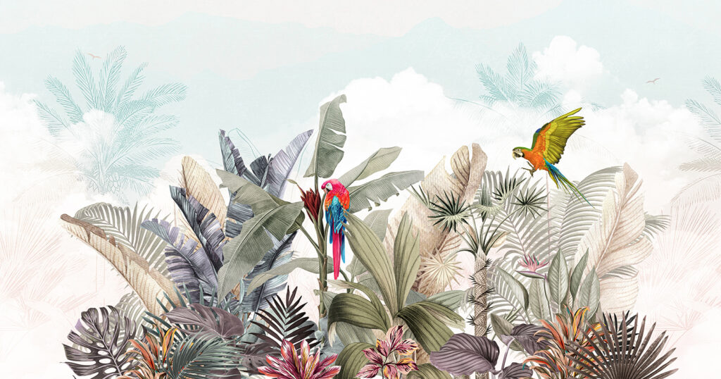 Wallpaper with tropical plants and birds Wallpaper with tropical plants and birds