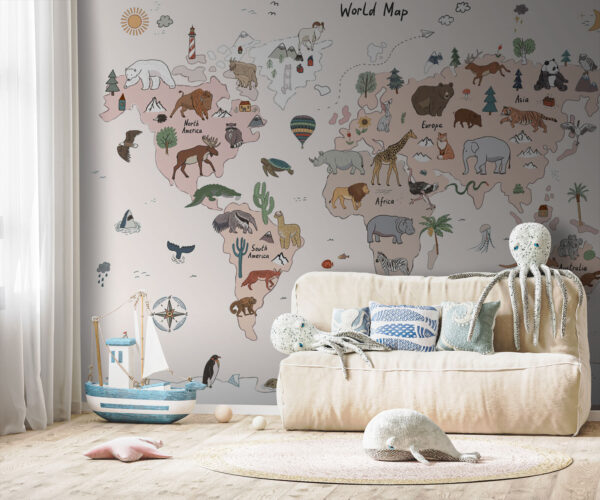Wall murals Wall murals Map of the world with animals (SKU: u95028)