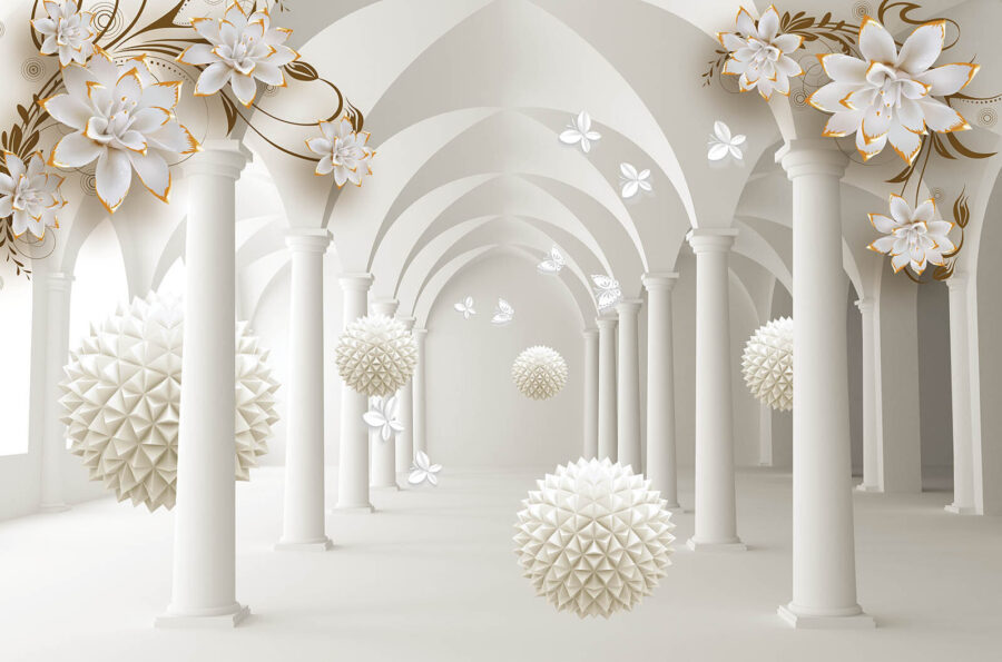 White room with white flowers and white balls