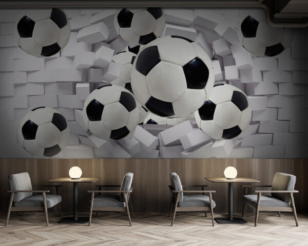 Group of football balls flying over a wall Group of football balls flying over a wall