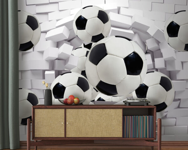 Group of football balls flying over a wall Group of football balls flying over a wall