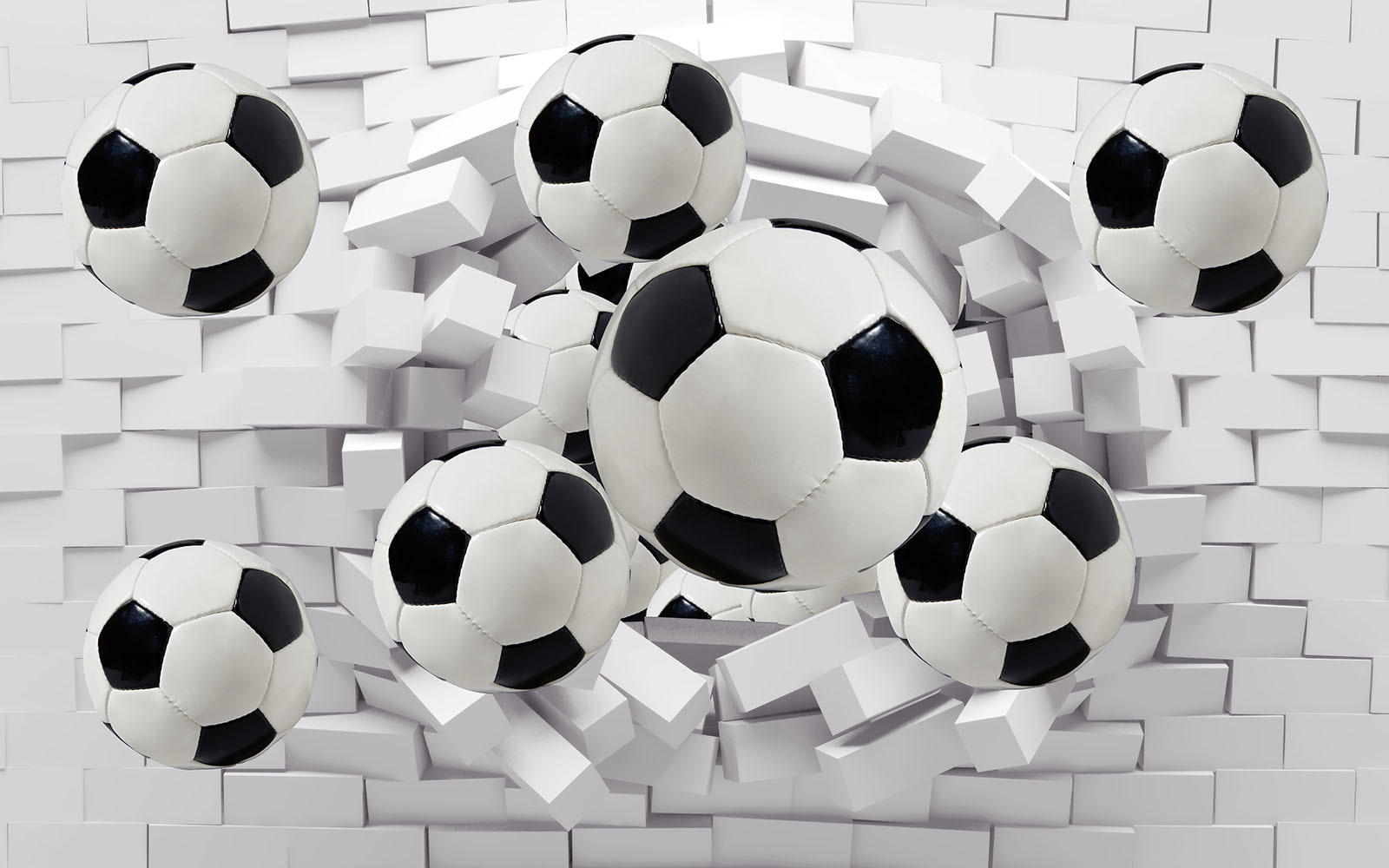 Group of football balls flying over a wall Group of football balls flying over a wall