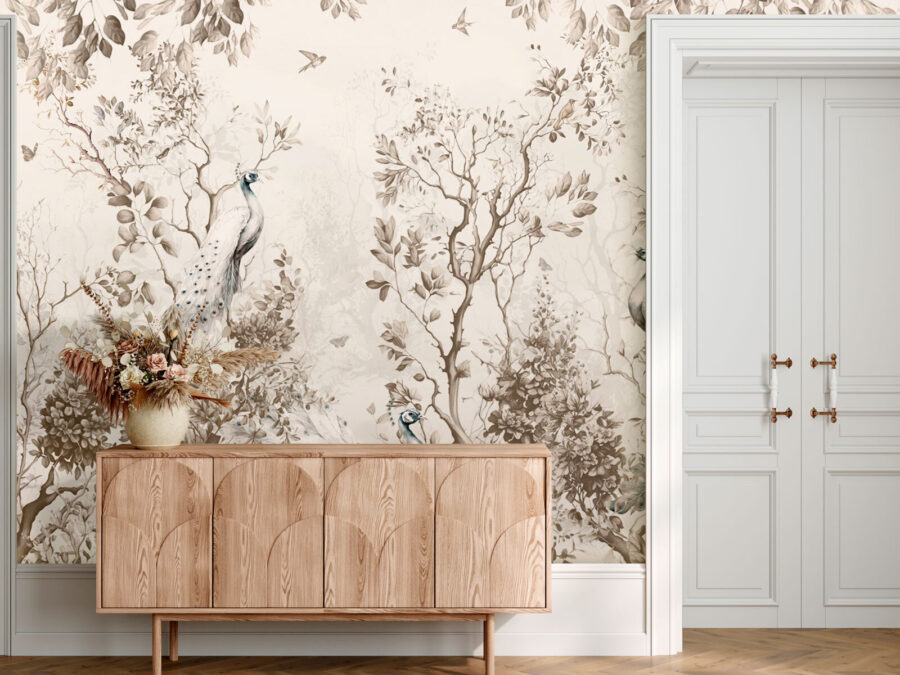 Wall murals Group of white peacocks in a forest