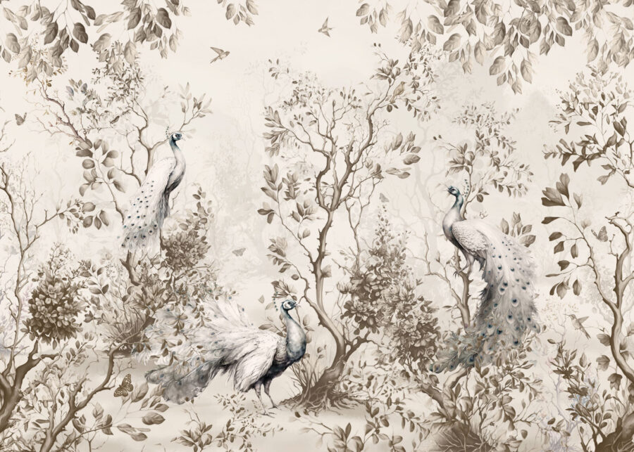 Group of white peacocks in a forest