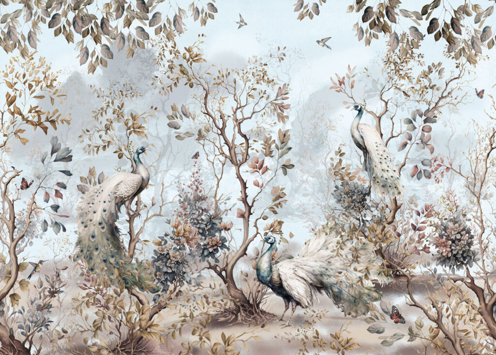 Painting of peacocks in a forest Painting of peacocks in a forest