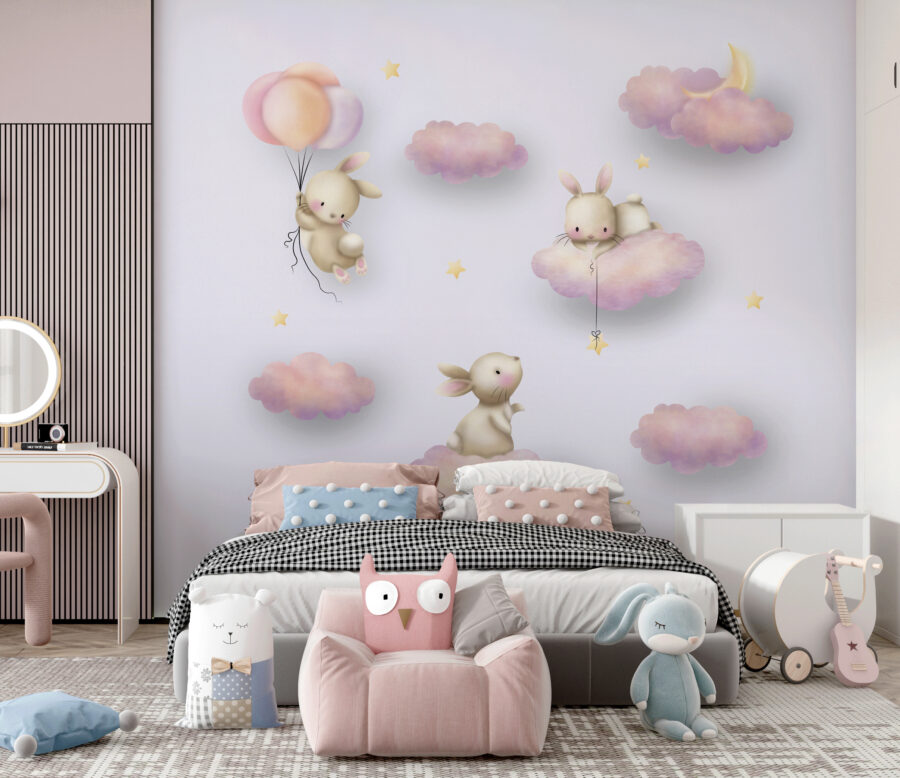 Wall murals Group of rabbits on clouds