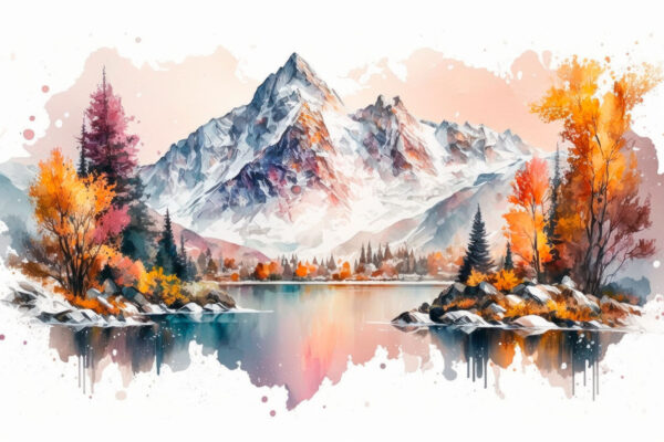 Watercolor painting of a mountain and a lake Watercolor painting of a mountain and a lake
