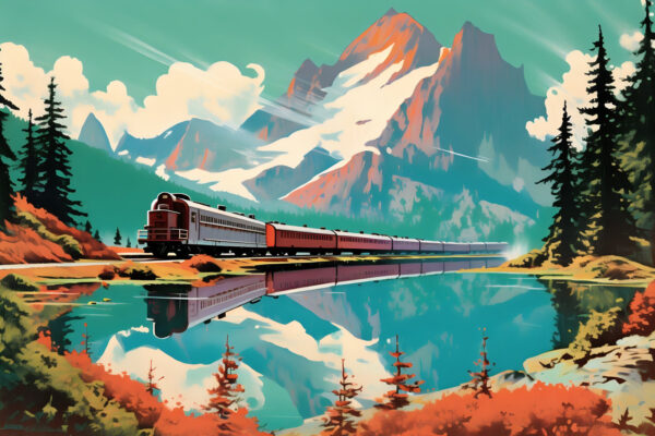 Train on the tracks by a lake Train on the tracks by a lake