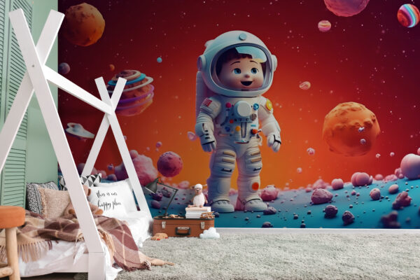 Cartoon of a toy astronaut in space