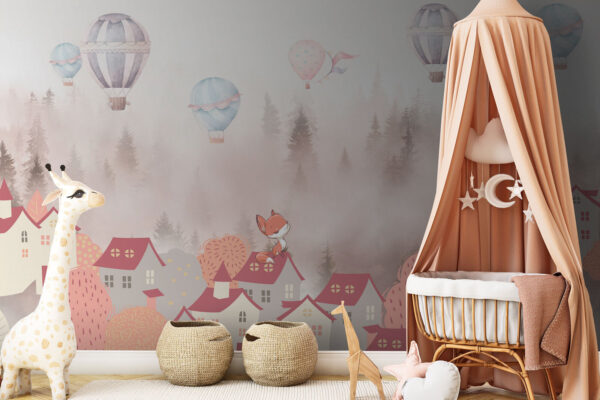Cartoon of a fox on a rooftop of a town with hot air balloons Cartoon of a fox on a rooftop of a town with hot air balloons