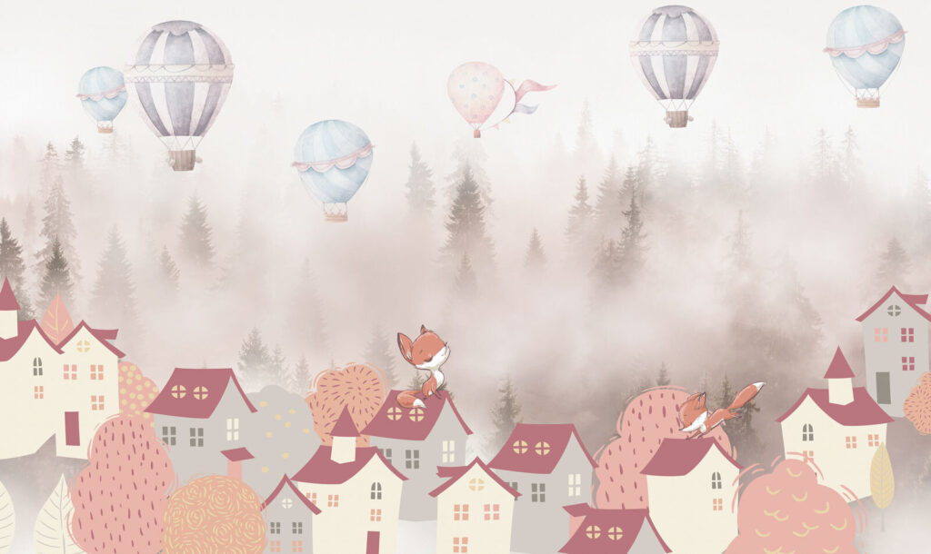 Cartoon of a fox on a rooftop of a town with hot air balloons Cartoon of a fox on a rooftop of a town with hot air balloons