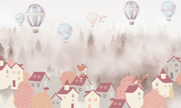 Cartoon of a fox on a rooftop of a town with hot air balloons Cartoon of a fox on a rooftop of a town with hot air balloons