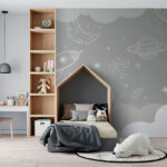 Wall murals Grey background with clouds and rockets