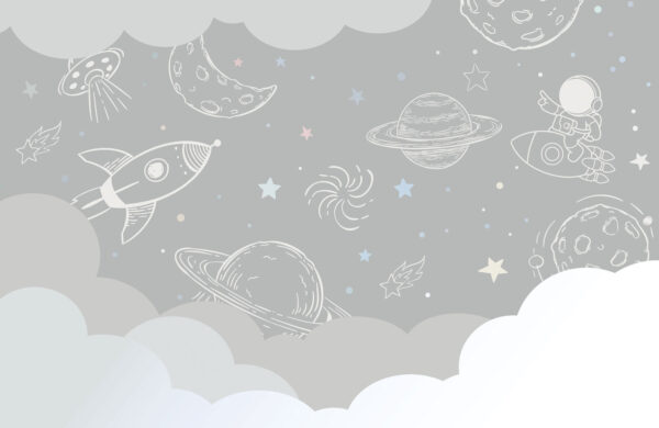 Grey background with clouds and rockets Grey background with clouds and rockets