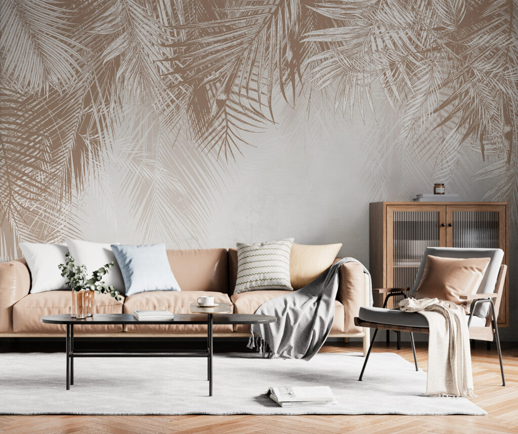 White and brown background with palm leaves