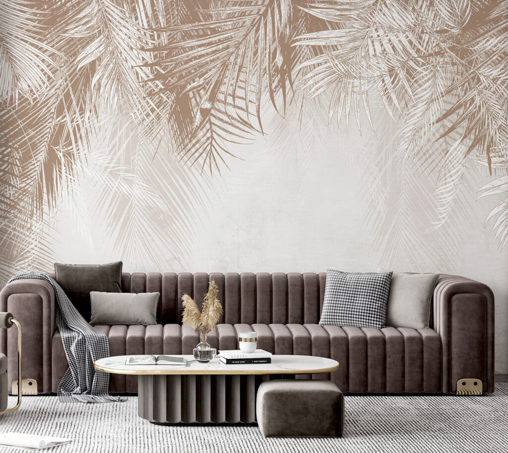 White and brown background with palm leaves