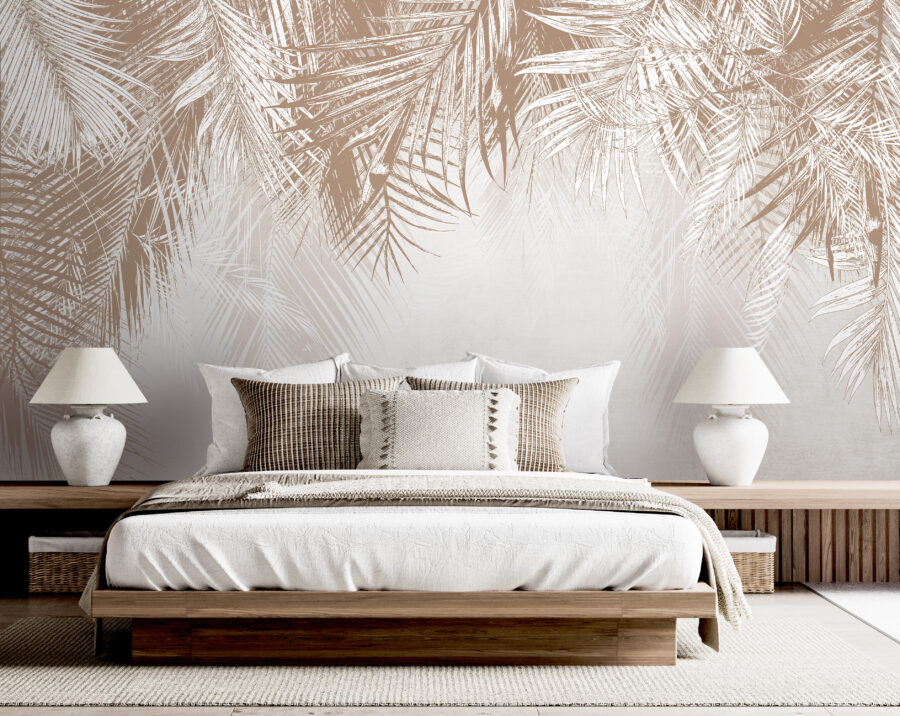 White and brown background with palm leaves