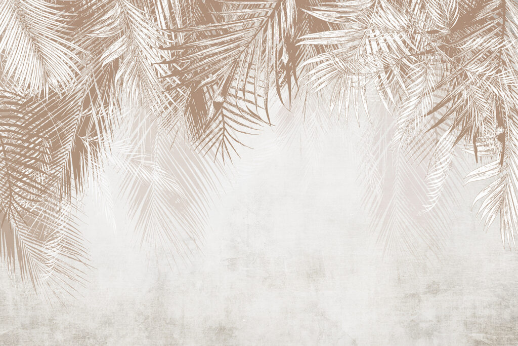 White and brown background with palm leaves