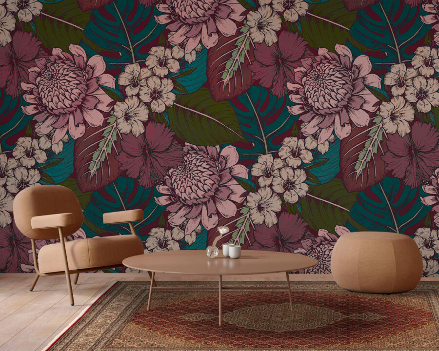 Pattern of flowers and leaves