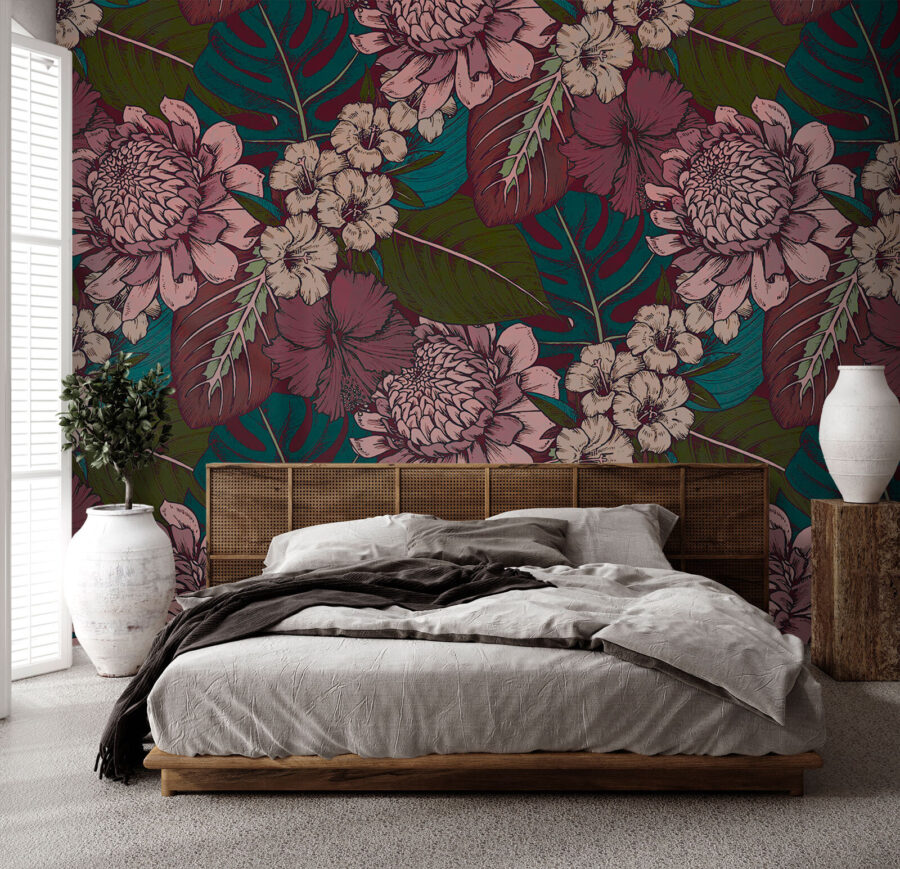 Pattern of flowers and leaves
