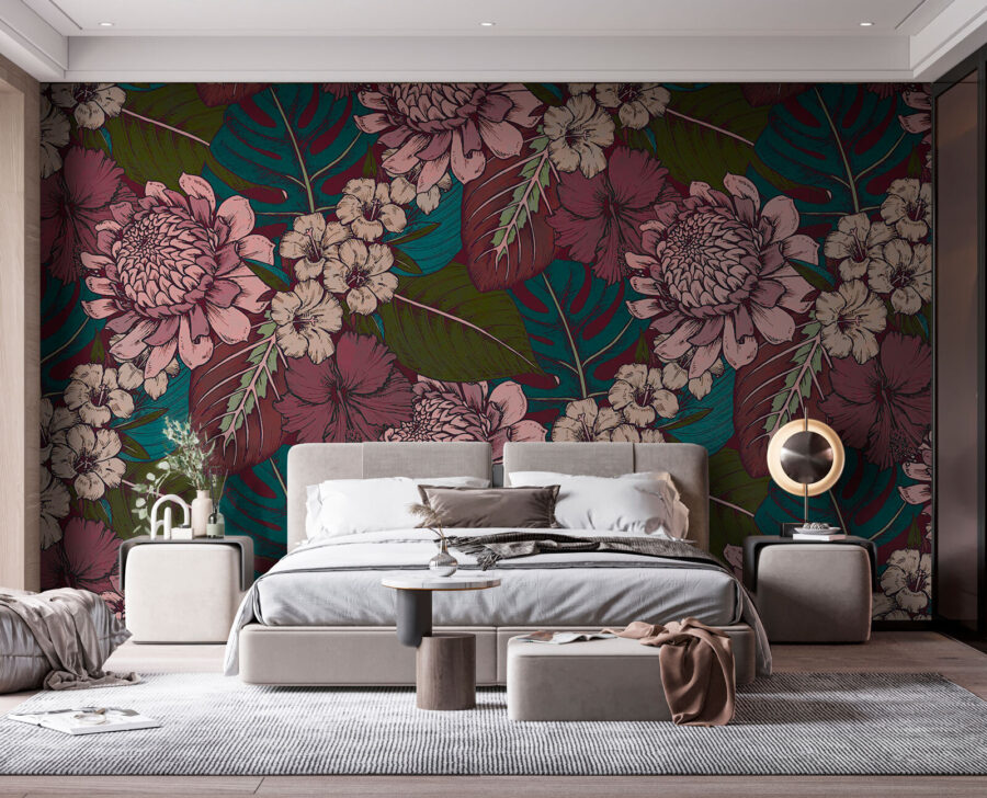 Pattern of flowers and leaves