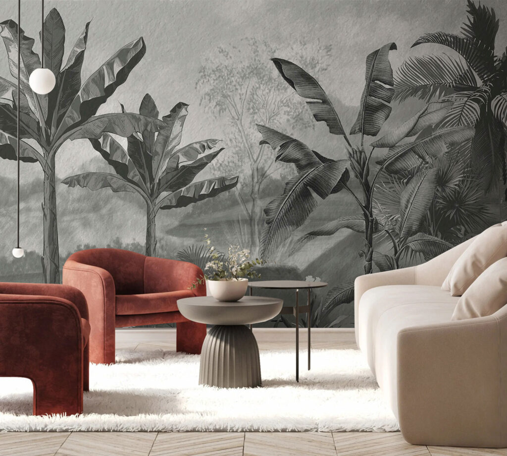 Black and white image of a tropical forest Black and white image of a tropical forest