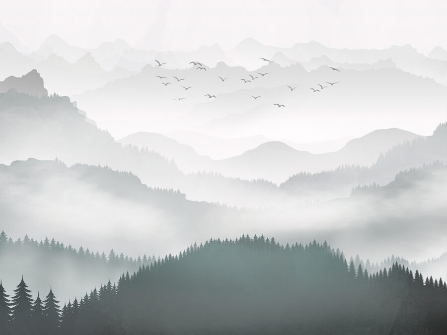 Birds flying over a mountain range
