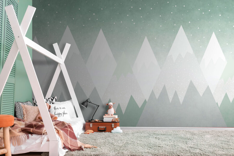 Wall murals Mountain range with snow falling