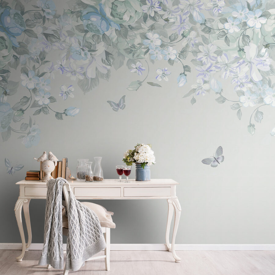 A white and blue flowers and butterflies A white and blue flowers and butterflies