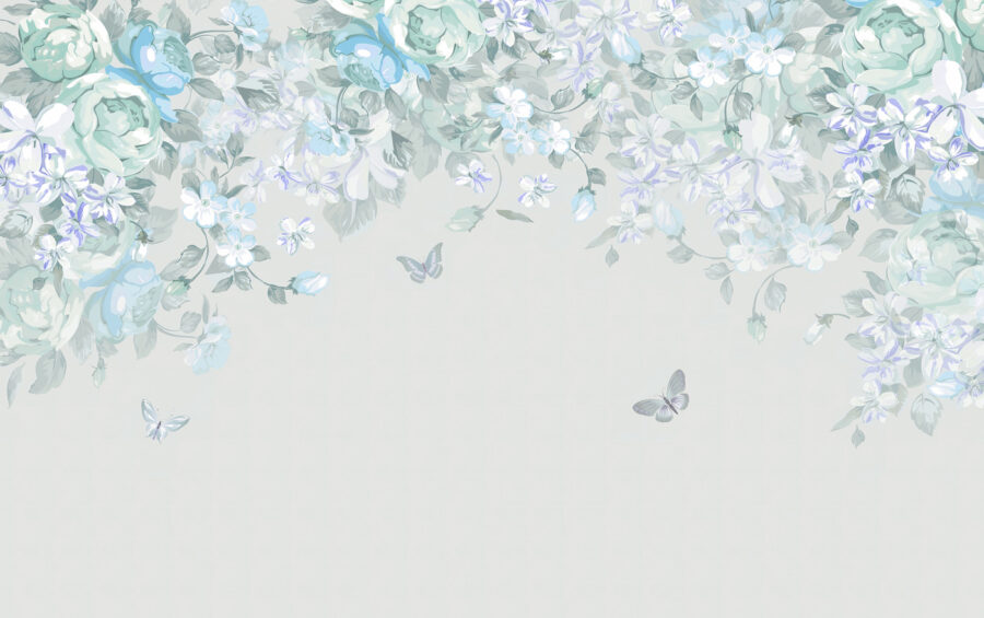 A white and blue flowers and butterflies