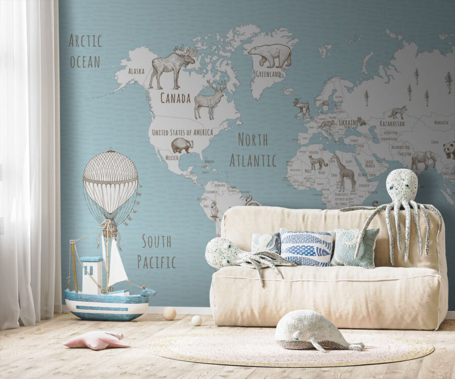 Wall murals Map of the world with animals - Image 2