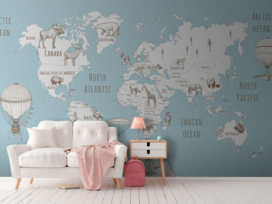 Wall murals Map of the world with animals