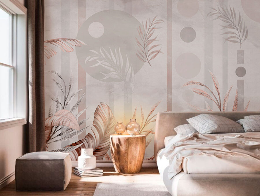 Wall murals Wallpaper with leaves and circles - Image 2