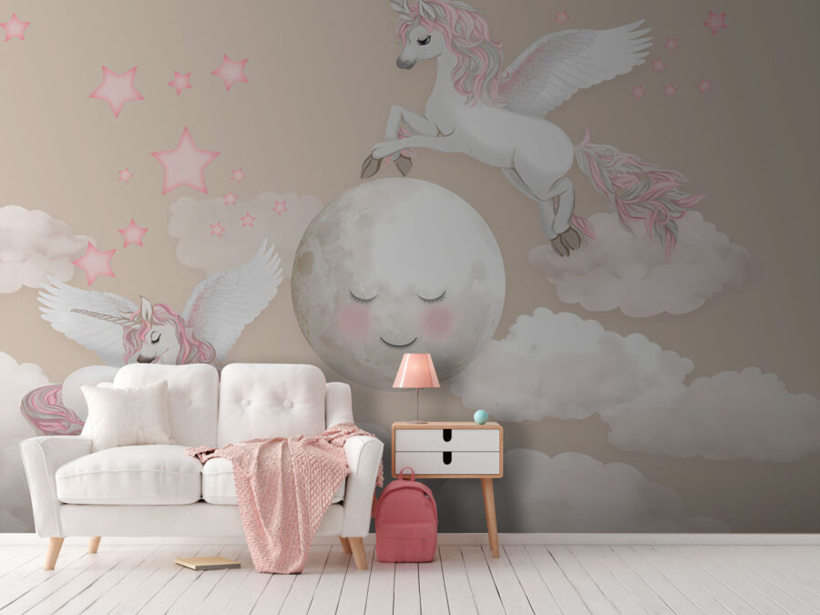 Group of unicorns flying on the moon