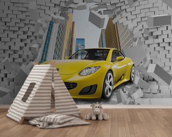 Yellow car in a wall of bricks Yellow car in a wall of bricks