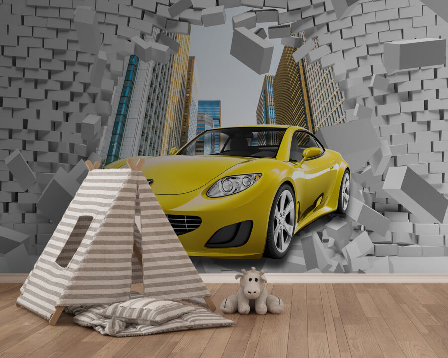 Yellow car in a wall of bricks