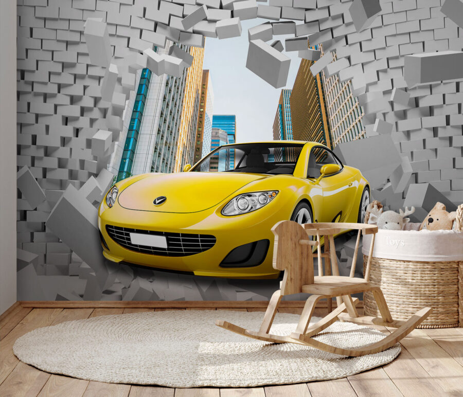 Yellow car in a wall of bricks