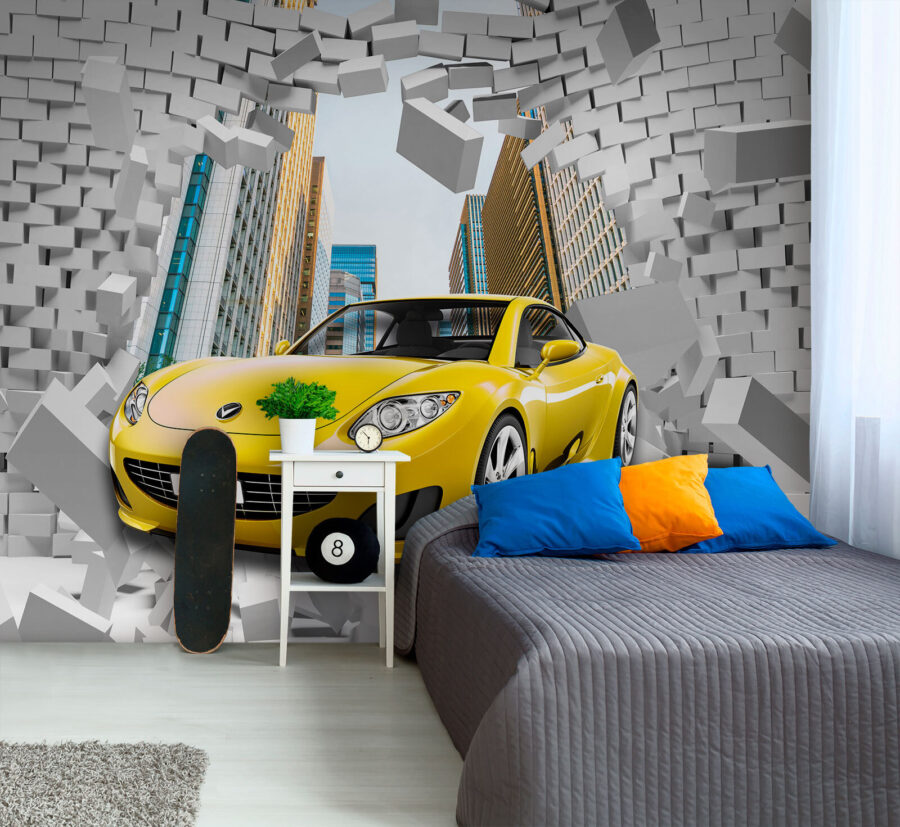 Yellow car in a wall of bricks