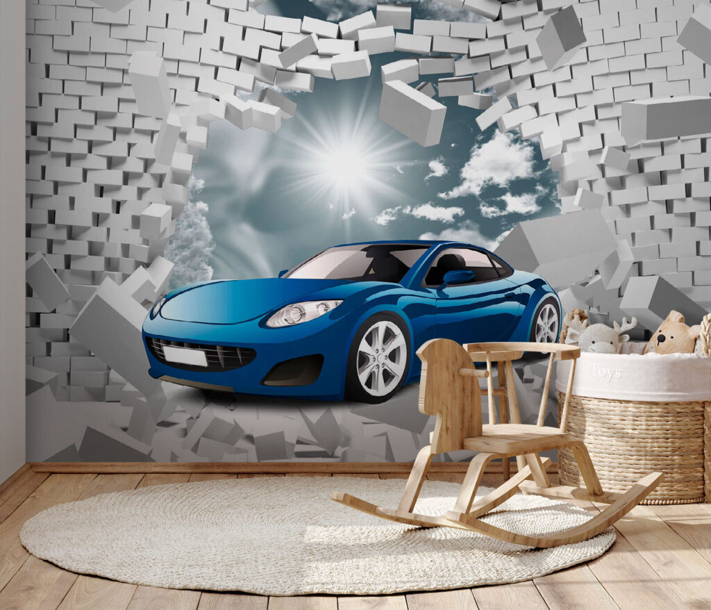 Blue car in a wall of white bricks Blue car in a wall of white bricks