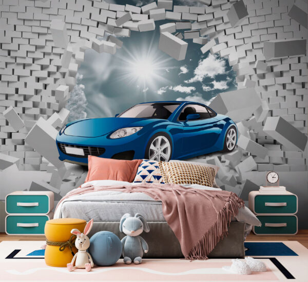 Blue car in a wall of white bricks Blue car in a wall of white bricks