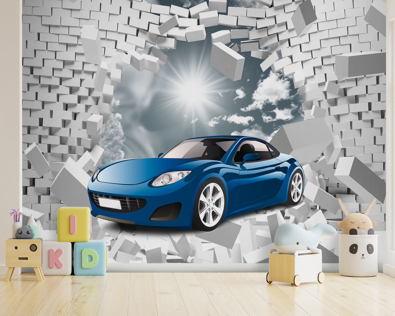 Blue car in a wall of white bricks Blue car in a wall of white bricks