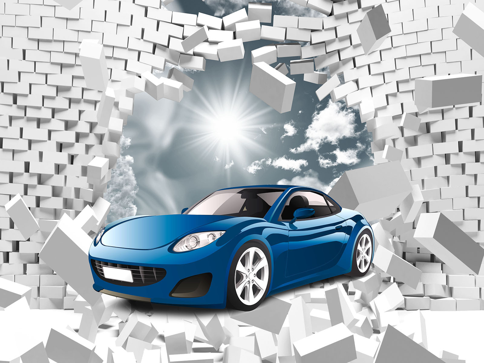 Blue car in a wall of white bricks Blue car in a wall of white bricks