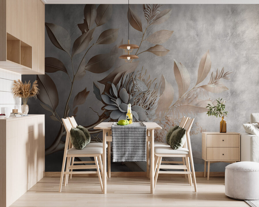 Elegant paper flowers and delicate leaves.