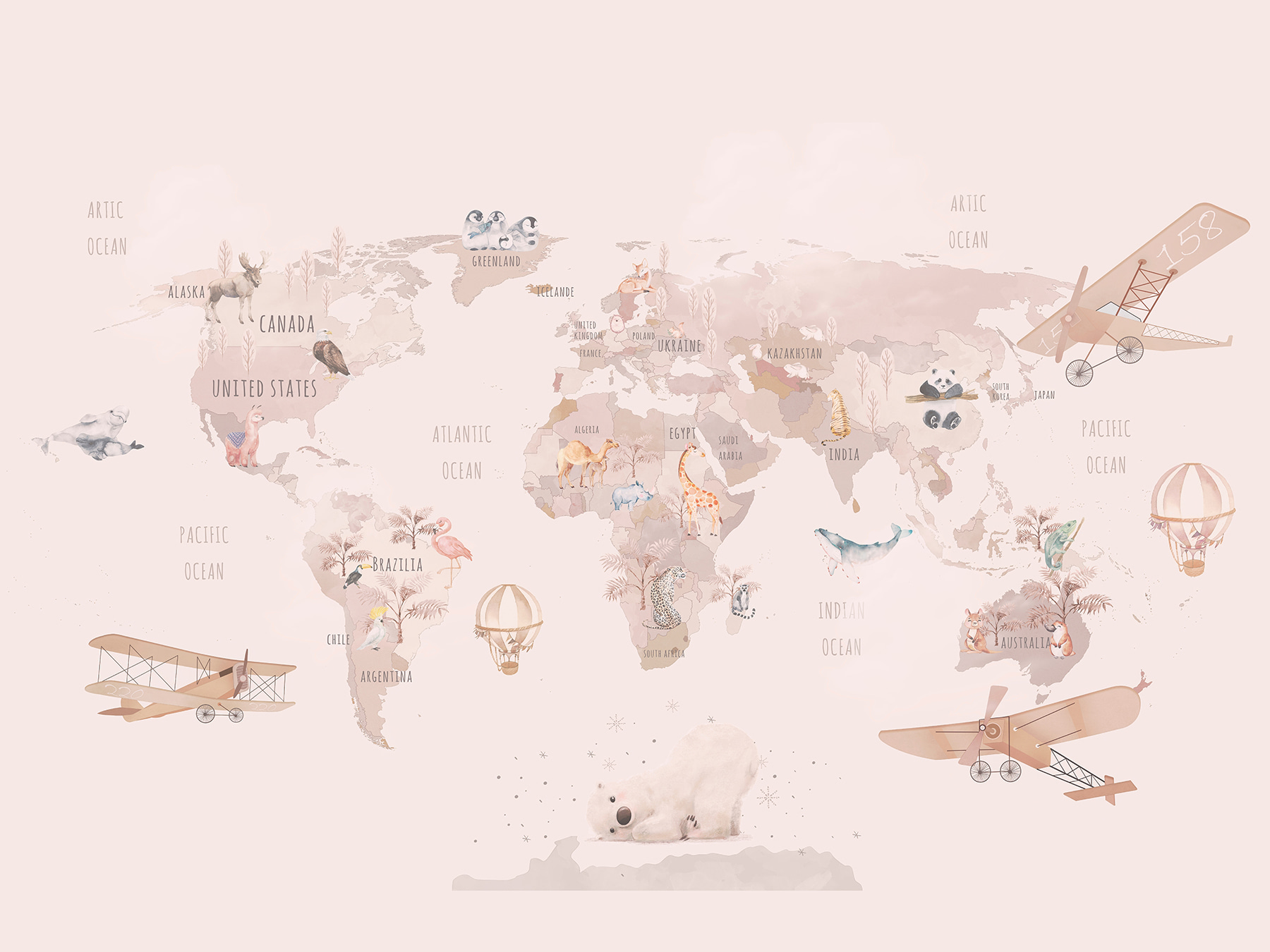 Map of the world with airplanes and polar bears