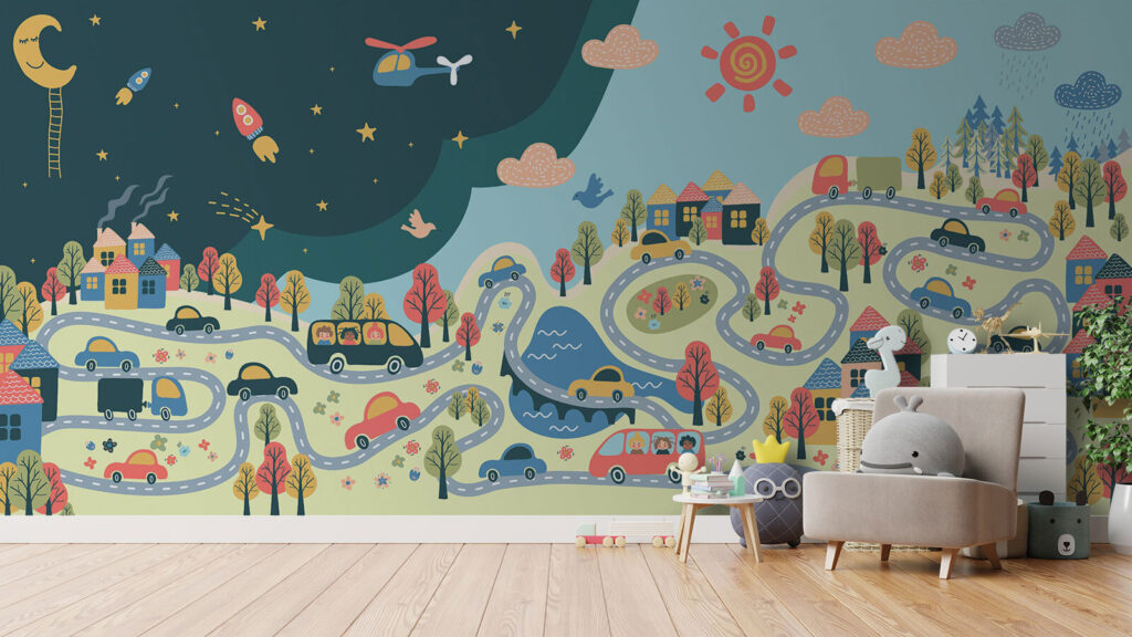 Cartoon of cars and houses